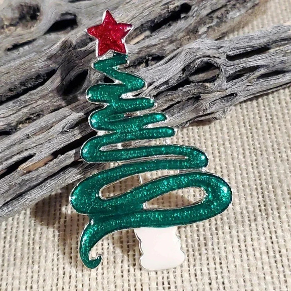 Y2K 90s Vintage Christmas Modern Tree Star Swirl Enamel Sweater Pin Brooch - Picture 1 of 5